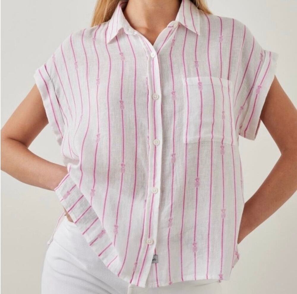 Rails Whitney linen blend white & pink striped w/ pineapples top coastal Beachy